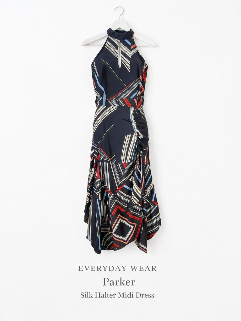Parker Silk Halter Dress Asymmetrical Midi Navy Print Size S